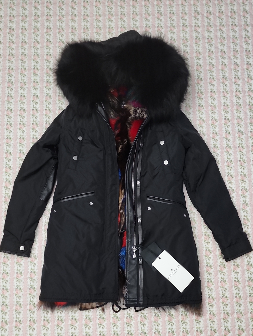 3K NWT Nicole Benisti Belleville Multicolor Fox Fur Lined Black Parka Jacket XS